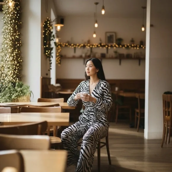 S.DEER Chic Zebra Print Wrap Jumpsuit-Long SleeveBelted V-Neck, Trendy NWT - Picture 2 of 4